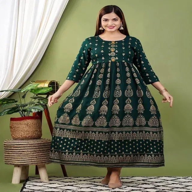 Rayon Printed Anarkali Kurti for Women (Green, XXL)