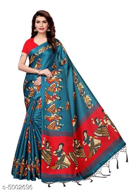 Khadi Silk Printed Saree for Women, Teal (6.3 m)