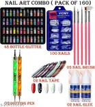Nail Art Kit Combo of 48 Pcs Glass Bottles Glitter Stones + 100 Nails + 02 Nail Tapes + 5 Nail Art brush + 2 Nail Dotting Pen with 2 Glue