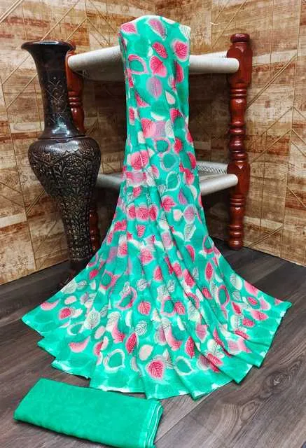 Kanooda Prints Georgette Women Saree With Un-stitched Blouse (Green) (KP-18)