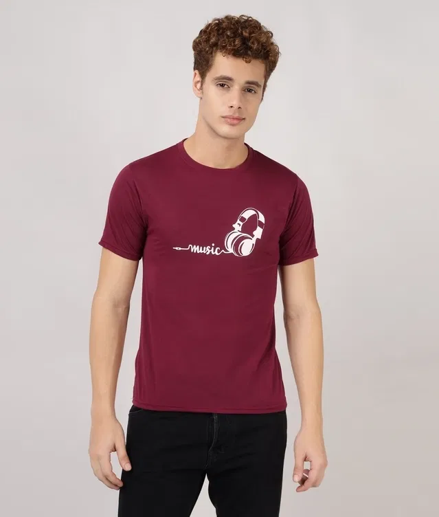 Round Neck Printed T-Shirt for Men (Maroon, XL)