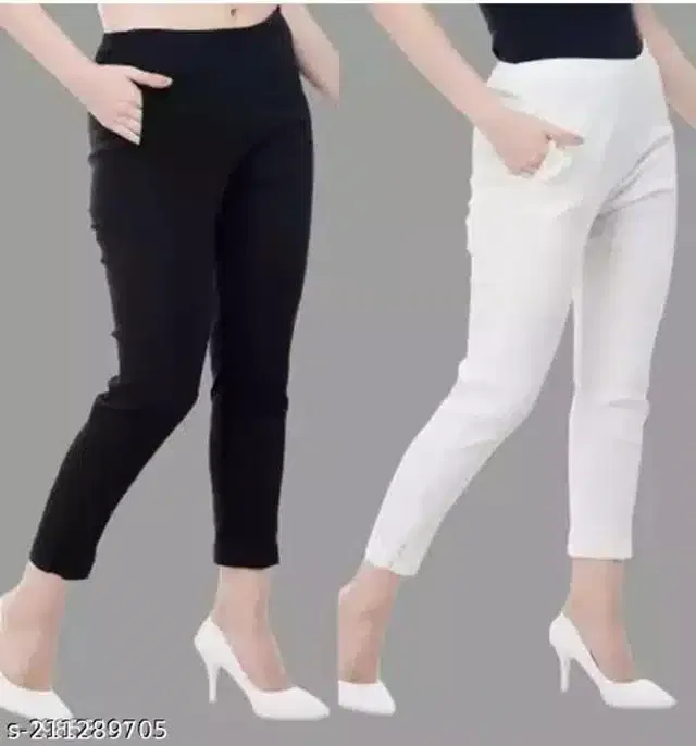 Cotton Blend Trouser for Women (Black & White, 28) (Pack of 2)