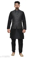 Dupion Silk Solid Kurta with Pyjama & Jacket for Men 