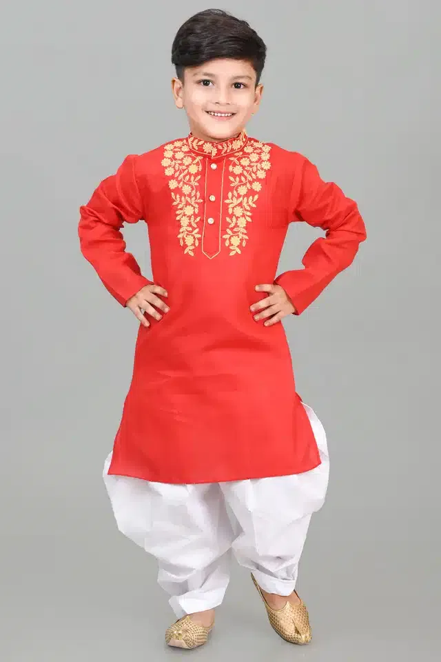 Cotton Embroidered Kurta with Patiyala Set for Boys (Red & White, 8-9 Years)