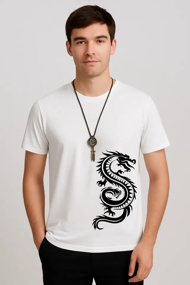 Round Neck Printed T-Shirt for Men (White, L)