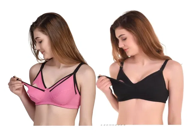 Cotton Blend Solid Non Padded Feeding Bras for Women (Multicolor, 32) (Pack of 2)