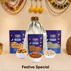 Designer Potli + Navguni Almond Nonpareil 200 g + Navguni Kaju W320 200 g + Navguni Chhuara (Yellow) 250 g