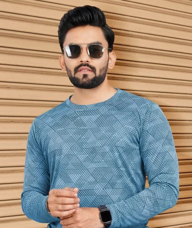 Abstract Printed Round Neck Polyester T-Shirt for Men (Blue, XL)