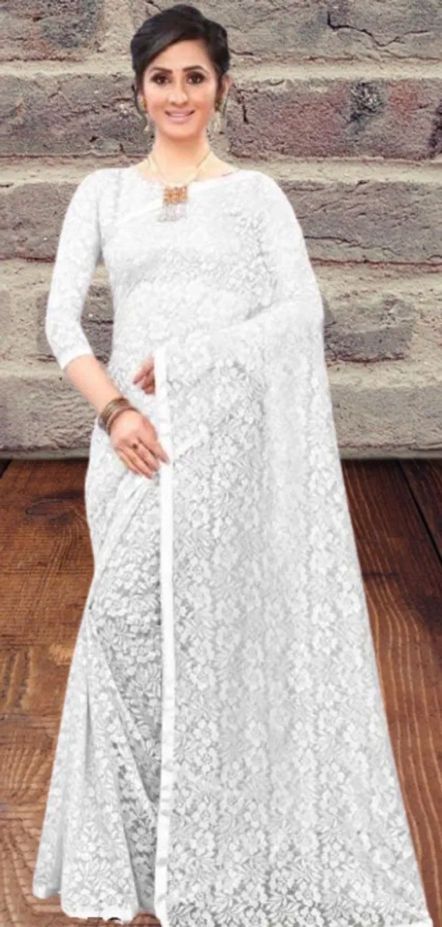 Net Floral Saree for Women (White , 6.3 m)