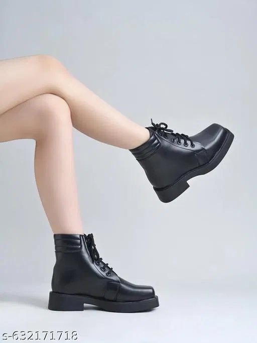 Solid Mid-Top Heeled Boots for Women Black (8)
