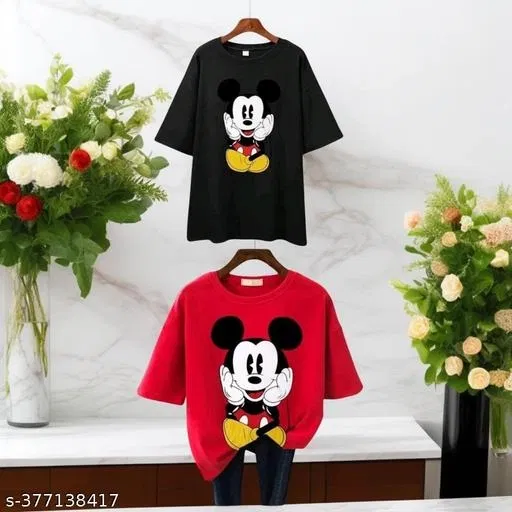 Cotton Blend T-shirt for Women, Red & Black, Pack of 2 (L)