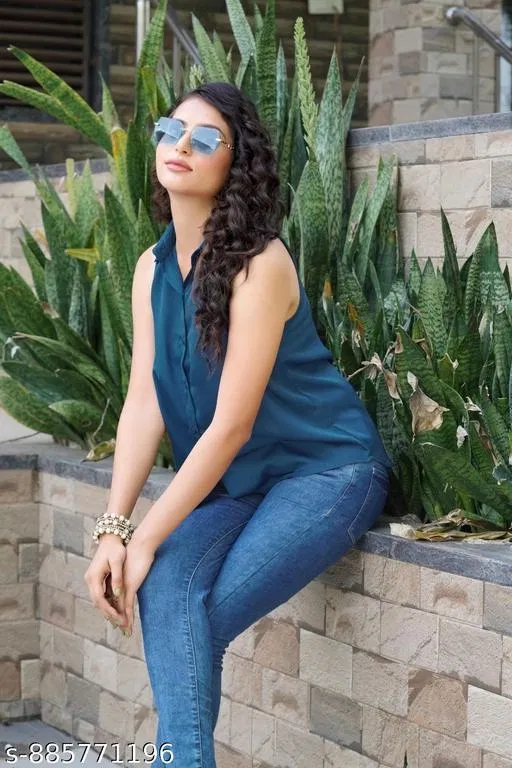 Sleeveless Cotton Shirt for Women (Teal, S)