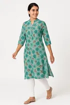 Cotton Blend Printed Kurti for Women, Teal 