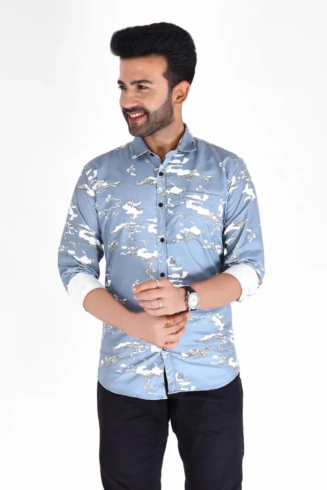 Cotton Blend Printed Shirt for Men, Blue (L)