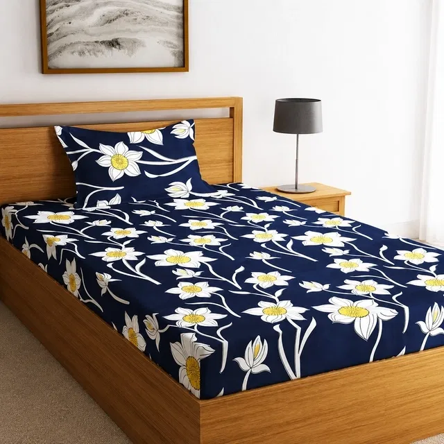 Polycotton Single Bedsheet 60x90 Inch with 1 Pillow Cover (Blue)