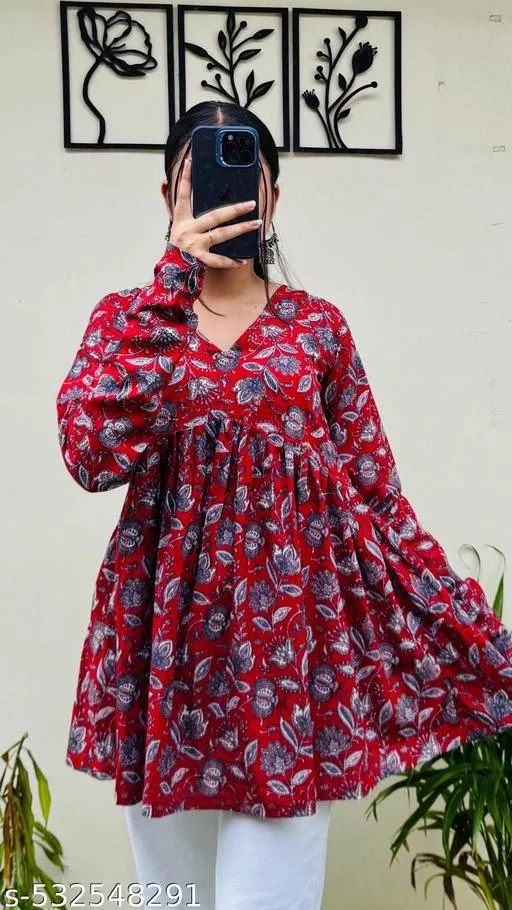 Floral Printed A-Line Flared Cotton Top for Women (Maroon, S)