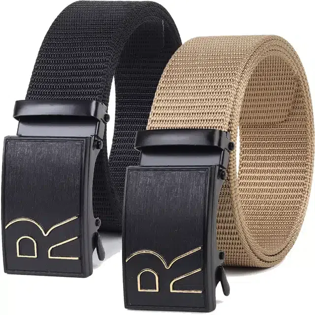 Casual Nylon Belts for Men (Black & Cream, Pack of 2)