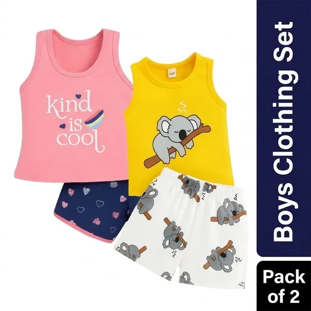 Cotton Blend Printed Clothing Set for Boys, Combo Pack of 2, Peach & Blue & Yellow & White, 6-12 Months