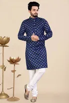 Cotton Blend Printed Kurta for Men, Blue (L)