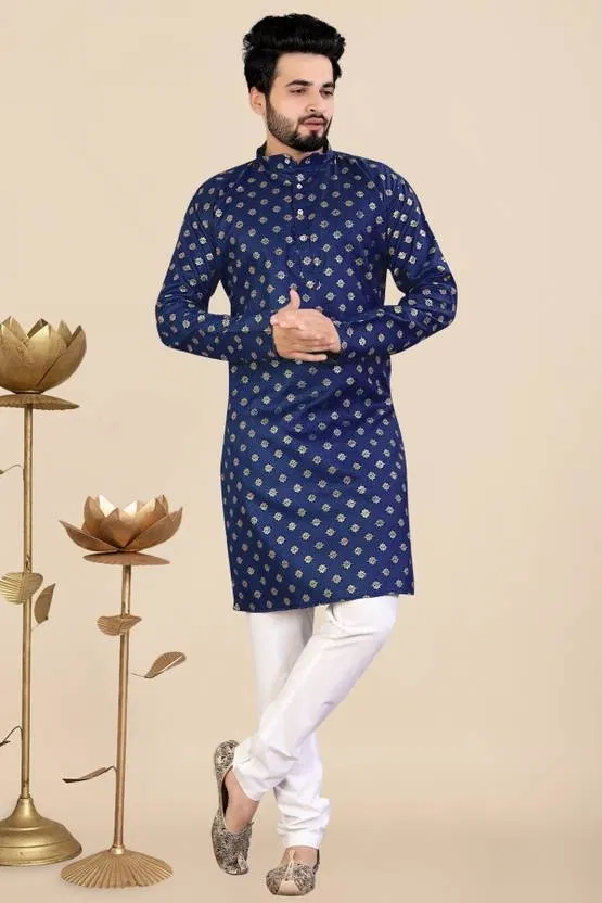 Cotton Blend Printed Kurta for Men (Blue, L)