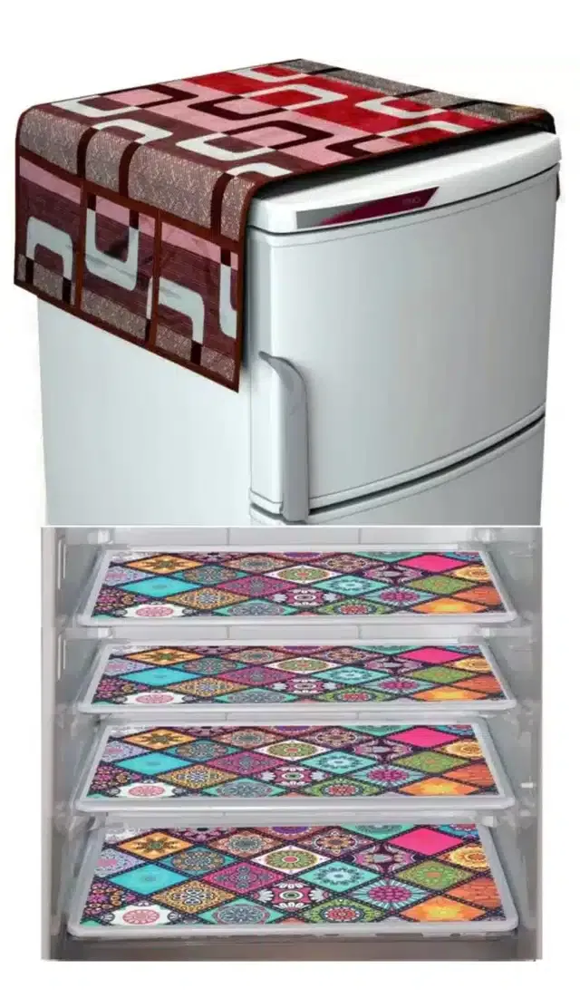 Knit Printed Fridge 4 Pcs Mat with Top Cover (Red, Set of 1)