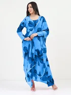 Crepe Printed Gown with Dupatta for Women (Aqua Blue, S)