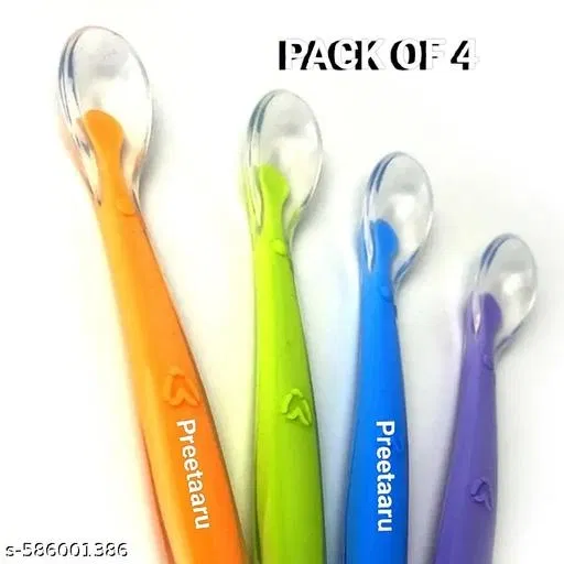 Preetaaru (Pack Of 4) Baby Soft Silicone Feeding Spoon For Kids