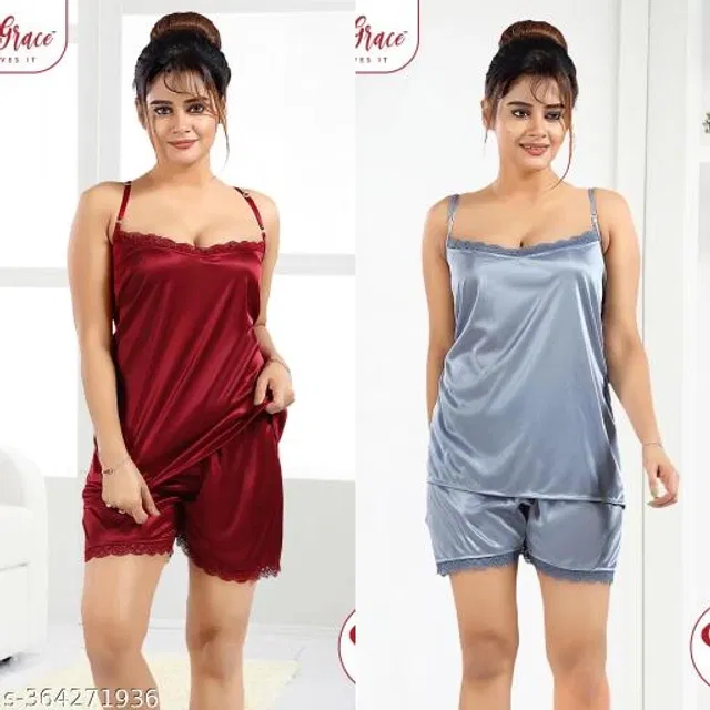 Satin Nightsuit for Women (Maroon & Grey, L) (Pack of 2)