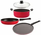 Aluminium Nonstick Cookwear Set with Glass Lid (Red, Set of 4)