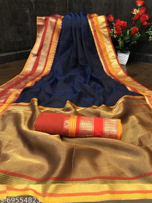Cotton Blend Saree for Women (Blue)