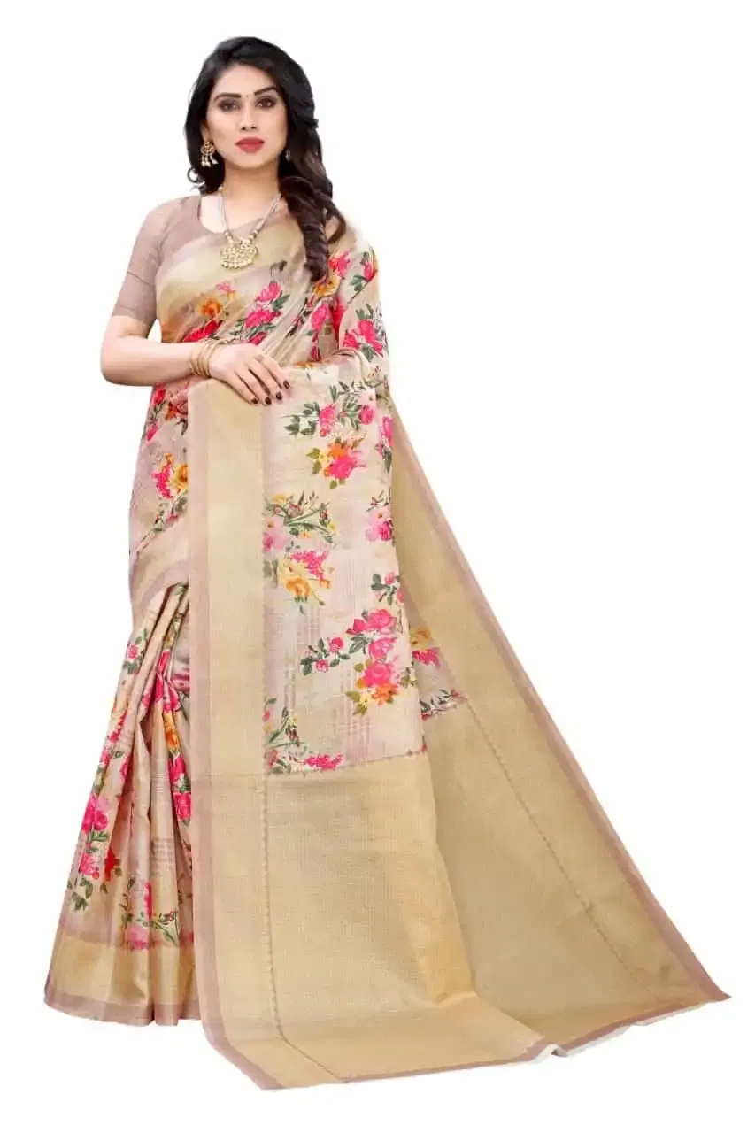 कानूड़ा प्रिंट्स फैंसी विमेंस मैसूर आर्ट सिल्क प्रिंटेड साड़ी (बैज) (K-82)
