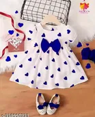 Heart Shape Print Cotton Frocks for Girls, White & Blue 
