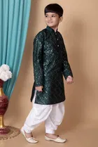Dupion Silk Embellished Kurta with Dhoti for Boys, Bottle Green & White 