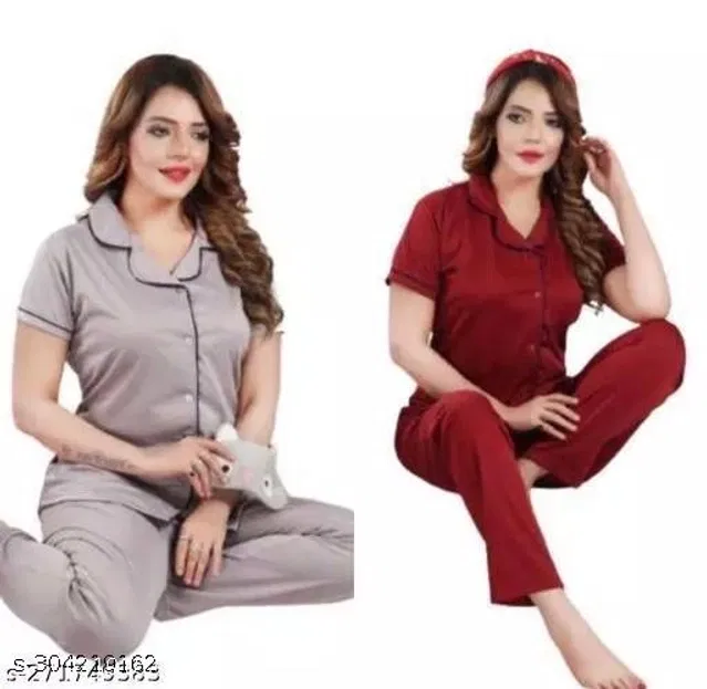 Satin Nightsuit for Women (Grey & Maroon, XL) (Pack of 2)
