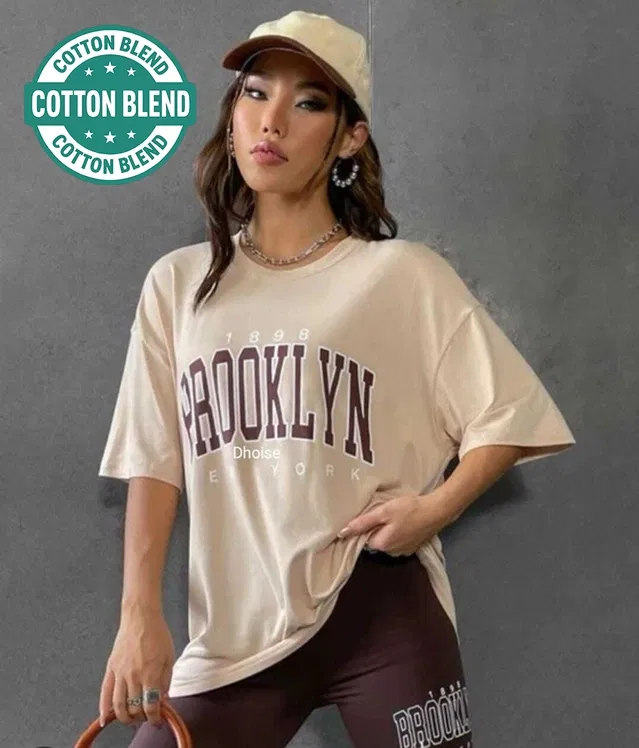 Round Neck Printed T-Shirt for Women (Beige, M)