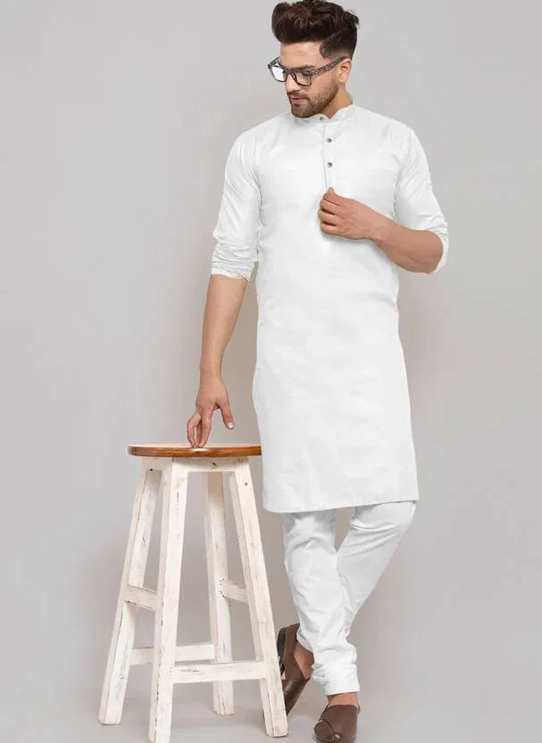 Cotton Blend Solid Kurta with Pyjama Set for Men (White, XL)