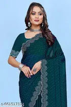 Georgette Solid Saree For Women, Green