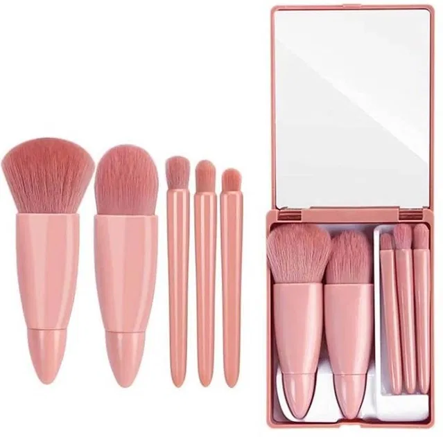 Portable 5 Piece Makeup Brush Set With Makeup Mirror, Pink, Pack Of 1