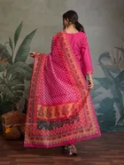 Cotton Blend Printed Kurti With Pant & Dupatta for Women, Pink 