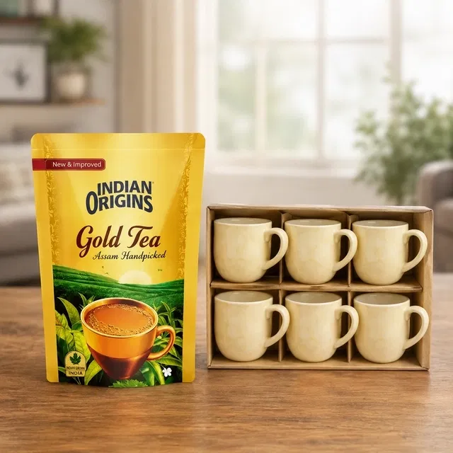 Ceramic Tea & Coffee Cup, Yellow, Pack of 6 (140 ml) + Indian Origins Gold Tea 100 g