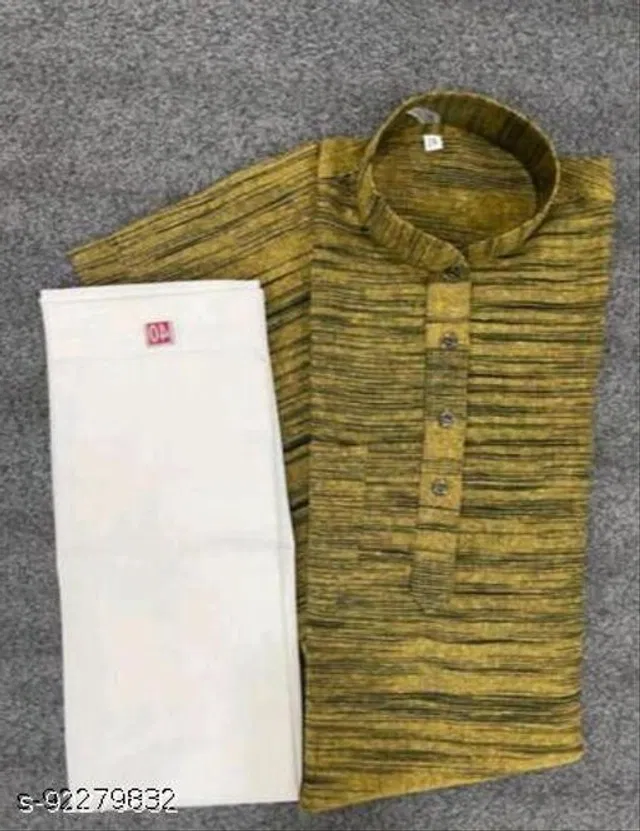 Khadi Cotton Solid Kurta with Pyjama for Men (Green & White, M)