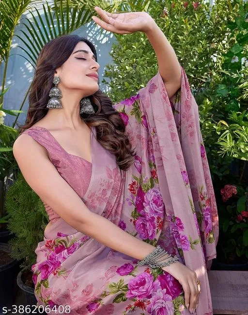 Chiffon Printed Saree for Women, Pink (6.3 m)