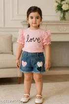 Hosiery Cotton & Denim Printed Clothing Set for Kids, Pink & Blue 