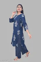 Rayon Printed Kurti with Palazzo for Women (Multicolor, M)