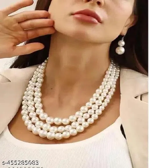 3 Layer White Pearl Necklace With Earrings (For Womens And Girls)