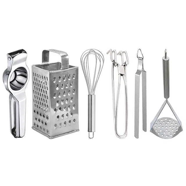 Oc9 Stainless Steel Lemon Squeezer & 4 in 1 Grater Or Slicer & Egg Whisk & Pakkad & Roti Chimta & Potato Masher Kitchen Tool Set (O-161)
