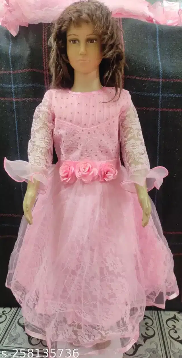 Net Full Sleeves Dress for Girls (Pink, 9-10 Years)