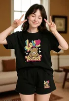 Cotton Blend Printed Top & Bottom Set for Women, Black 