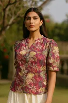 Women's Tropical Floral Print Mandarin Collar Top, S 