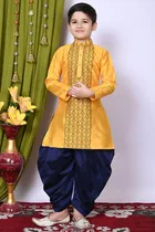 Dupion Silk Embroidery Kurta with Dhoti for Boys, Yellow & Navy Blue 